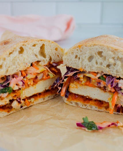 Crispy Gochujang Tofu Sandwich with Sriracha Slaw