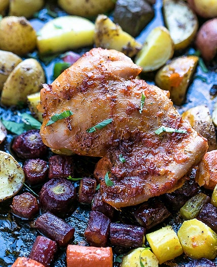 SHEET PAN HARISSA CHICKEN WITH POTATOES AND CARROTS