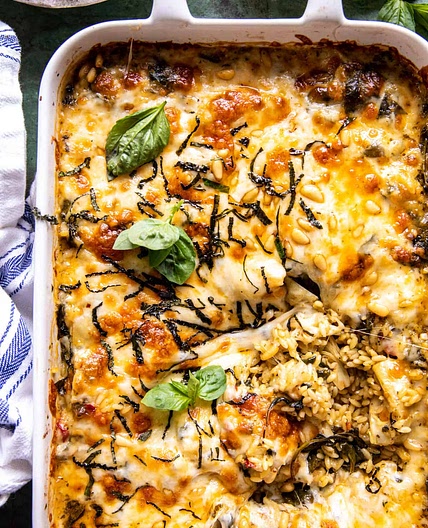 One Pan Spinach and Artichoke Orzo Bake