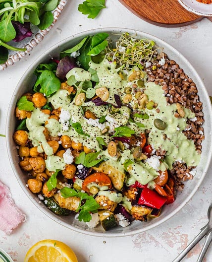 Roasted Vegetables and Chickpeas with Green Goddess Tahini