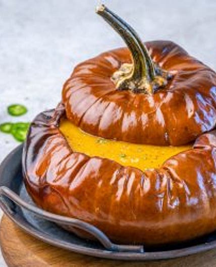 Pumpkin Jalapeno Soup in a Roasted Pumpkin