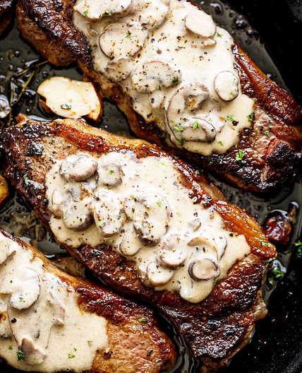 Pan Seared Garlic Butter Steak & Mushroom Cream Sauce