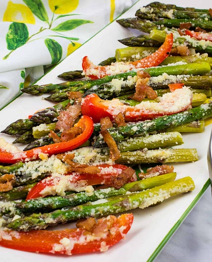 Cheesy Baked Asparagus with Bacon & Bell Peppers