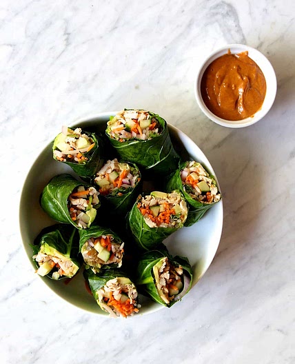 Whole30 Collard Green Spring Rolls with "Peanut" Sauce