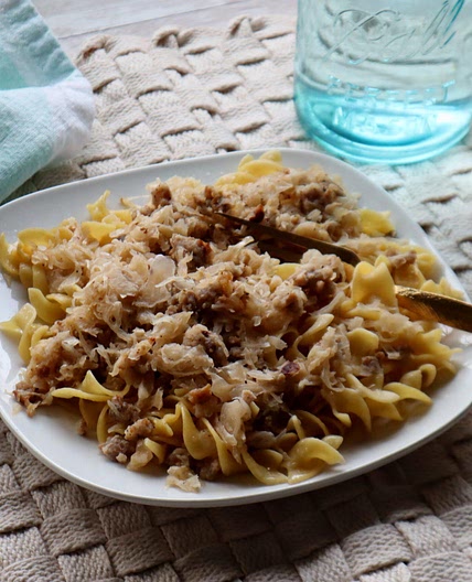 Fried Sauerkraut and Sausage with Buttered Noodles