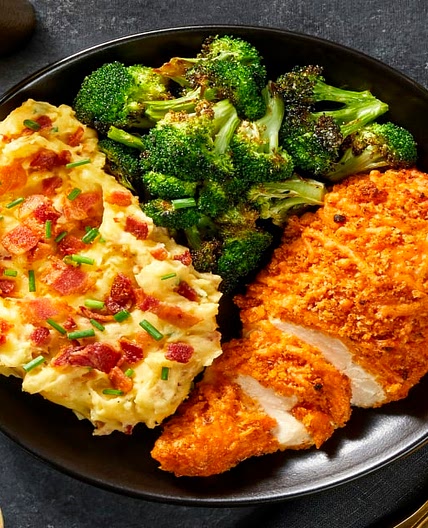 Crispy Cheddar Chicken with Roasted Broccoli & Loaded Bacon Mashed Potatoes