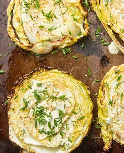 Cabbage Steaks with Tahini Dill Dressing