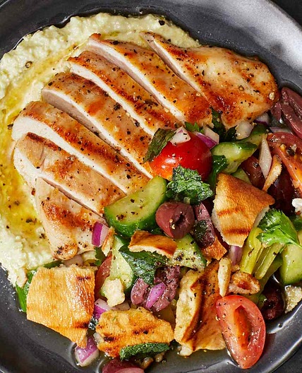 Grilled Chicken with Banana Pepper Dip and Fattoush