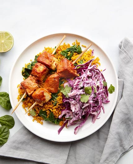 Tikka Smoked Tofu Skewers with Apple Slaw