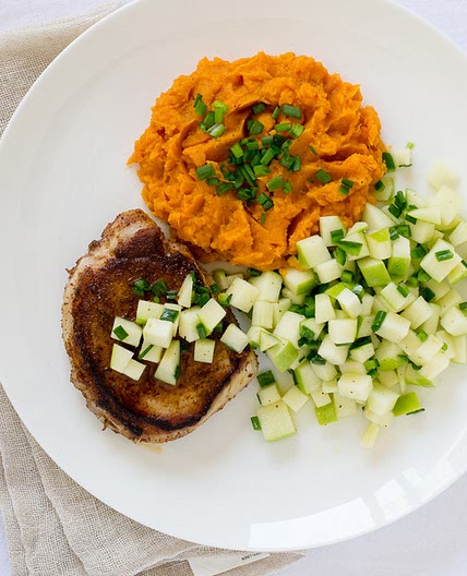 Chili-Rubbed Pork Chops with Apple Salsa & Sweet Potato Mash