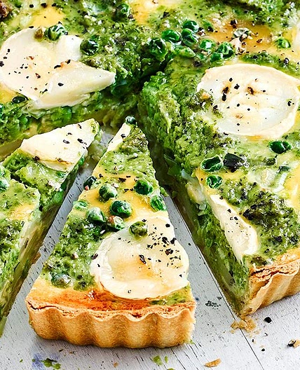 Goats’ cheese and pea pesto tart