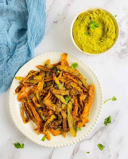 Crispy Vegetable Peel Chips with Curried Bean Dip