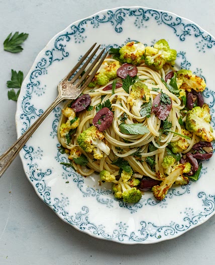 Romanesco Cauliflower Pasta with Olives, Capers, and Parsley