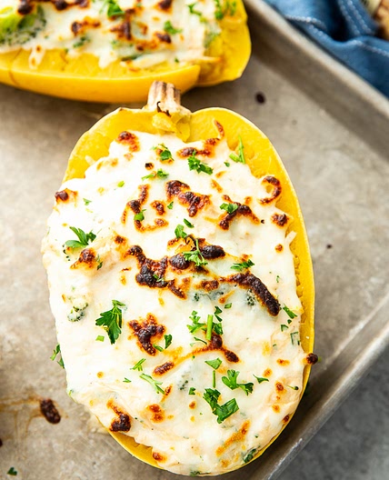 Broccoli Chicken Alfredo Stuffed Spaghetti Squash