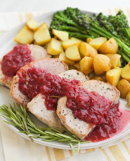 Pan Seared Pork Chops with Rosemary Plum Sauce, Roasted Potatoes & Broccolini