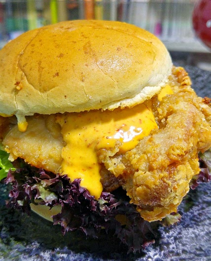 Har Cheong Kai (Shrimp Paste Chicken) Burger with Sambal Oelek Mayo
