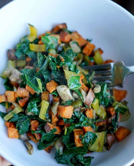 Vegan Sauteed Rainbow Chard with Sweet Potatoes and Mushrooms