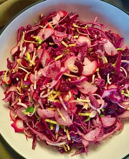Red cabbage slaw with zingy winter dressing