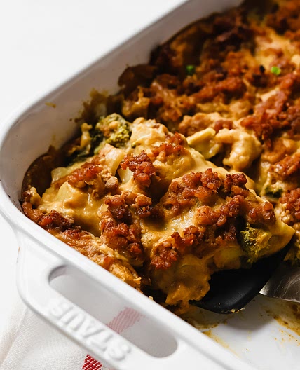Vegan Broccoli Potato Casserole with Tempeh Sausage