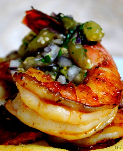 Jumbo Shrimp with Chorizo, Manchego Polenta & Salsa Verde