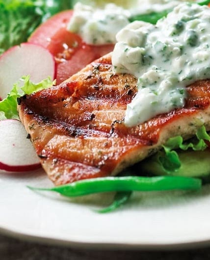 Grilled Salmon Salad with Feta Dressing