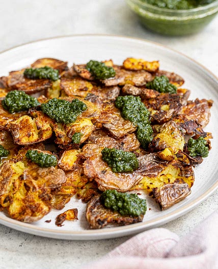 Crispy Smashed Potatoes with Vegan Pesto