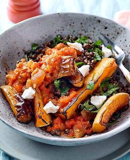 Roast squash with charred red pepper sauce
