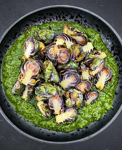 Red Brussels Sprouts and Zhoug Sauce