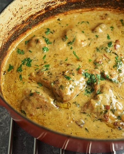Rabbit in Creamy Cider Sauce with Bacon, Garlic & Tarragon