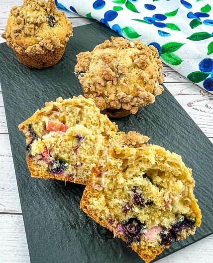 Blueberry-Rhubarb Muffins with Streusel Topping