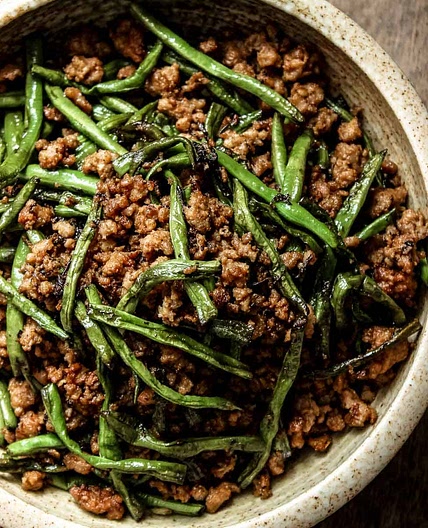 Dry-Fried Long Beans and Minced Pork with Olive Vegetables