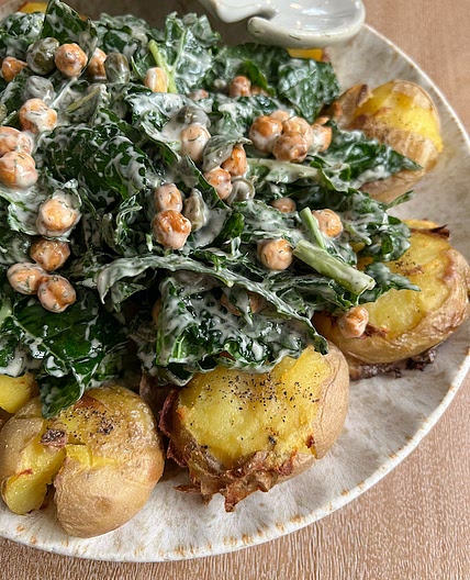 Smashed Potato Kale Caesar Salad