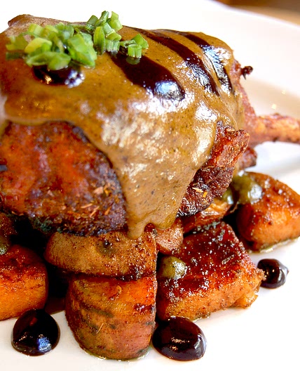 Double Cut Pork Chops with Tamarind Glaze, Green Mole Sauce and Caramelized Sweet Potatoes