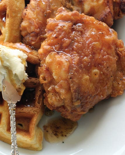 Fried Chicken and Buttermilk Waffles with Black Pepper Maple Syrup and Vanilla Butter