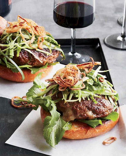 Cheddar-Stuffed Burgers with Pickled Slaw and Fried Shallots