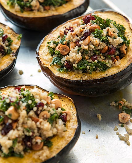 Stuffed Acorn Squash with Hazelnuts, Quinoa, and Kale