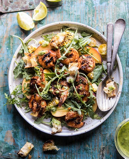 Zesty Grilled Shrimp, Bread and Sweet Peach Salad with Avocado Vinaigrette