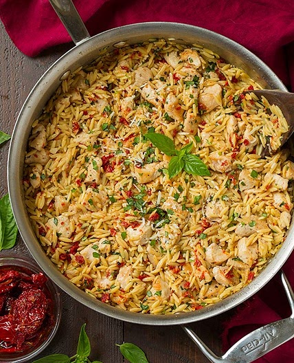 Sun Dried Tomato Basil and Parmesan Orzo with Chicken