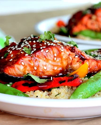 Sesame Ginger Sweet Teriyaki Salmon with Garlic Quinoa Stir-fry