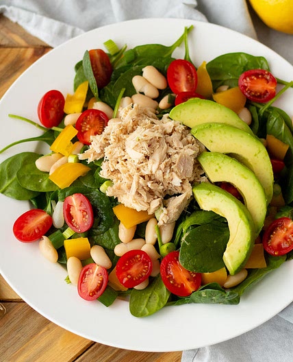 Lemony Tuna, White Bean & Sweet Pepper Spinach Salad