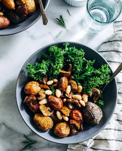 Sheet Pan Balsamic Rosemary Potatoes with Mushrooms, White Beans and Kale