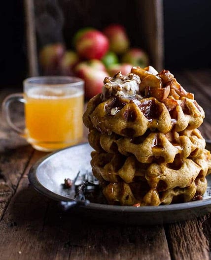Overnight Cider Pumpkin Waffles w/Toasted Pecan Butter, Cider Syrup + Spiced Apples