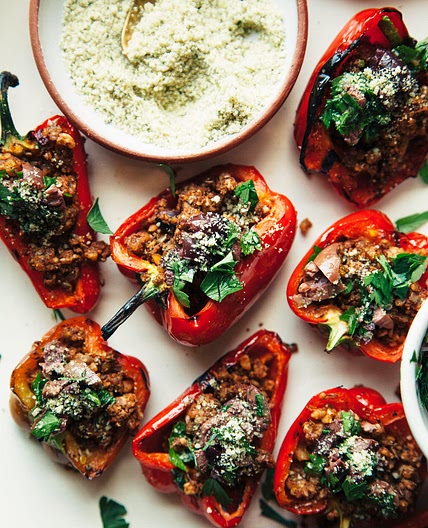 Grilled Mini Peppers with Spiced Walnut & Lentil Crumble