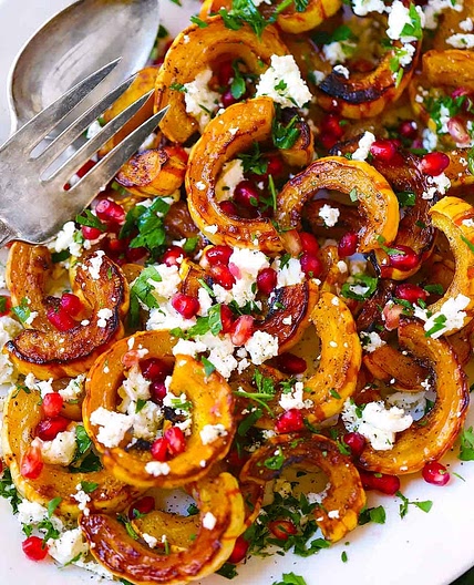 Maple Roasted Delicata Squash with Goat Cheese and Pomegranate