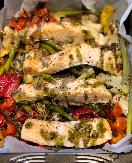 Pesto Salmon Traybake with Roasted Vegetables