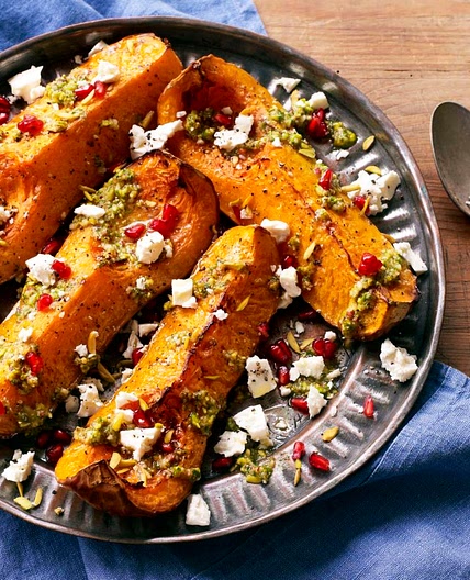 Butternut squash with Persian pistachio pesto, feta and pomegranate seeds