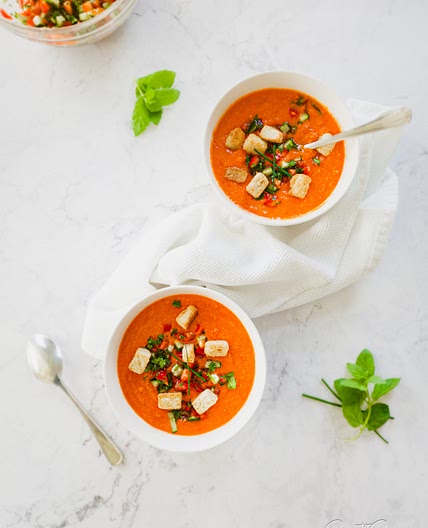 Gazpacho Soup with Fresh Salsa and Crunchy Croutons