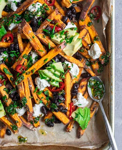 Chimichurri Loaded Sweet Potato Fries