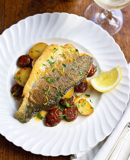 Speedy sea bass recipe with chorizo and potatoes