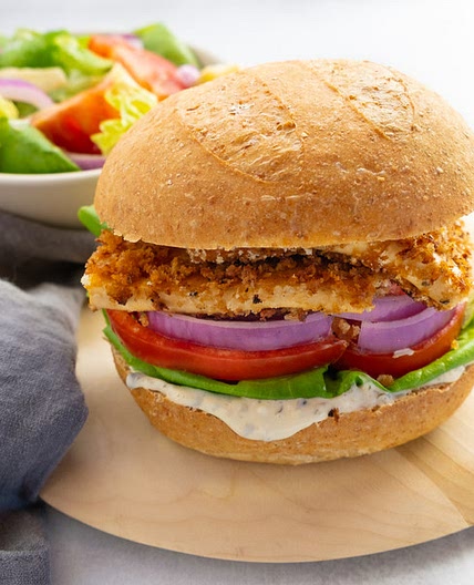 Crispy Tofu Sandwich with Garlic-Tartar Sauce & Side Salad